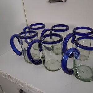 Mexican Hand Blown Blue Rimmed Glass Mugs Set Of 6